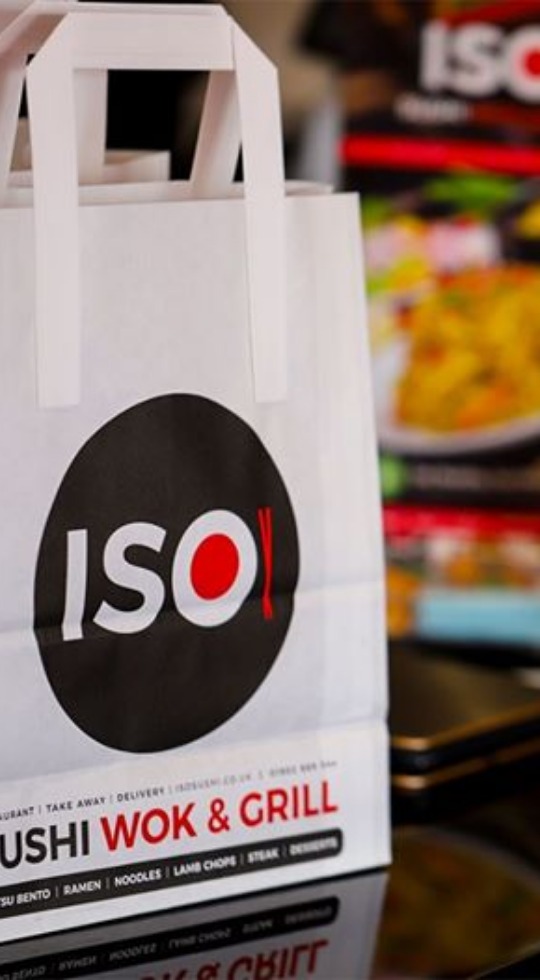ISO Sushi Wok & Grill. The best takeaway and delivery in Wolverhampton Paper bag with ISO Sushi on it, ready for a delivery or takeaway