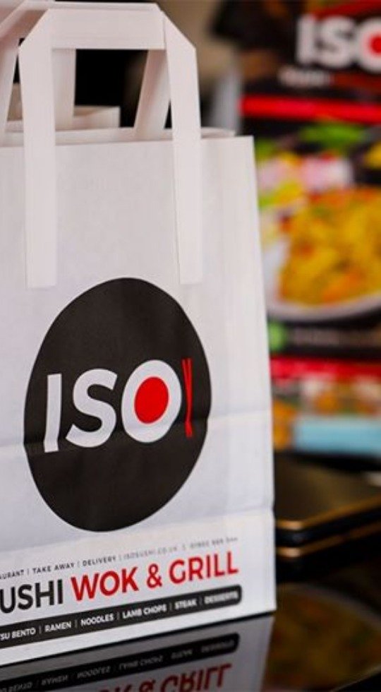 ISO Sushi Wok & Grill. The best takeaway and delivery in Wolverhampton Paper bag with ISO Sushi on it, ready for a delivery or takeaway